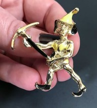 Vintage Hand Painted Gold Tone Creepy Pixie Elf With Pickaxe Pin Brooch - $8.91