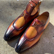 Handmade Cognac Color Leather Shoes, Men&#39;s Split Toe Lace Up Designing Shoes 201 - $143.99