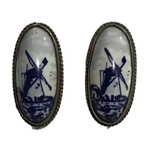 Vtg Blue Delft Porcelain Dutch Windmill Earrings Screw Post Sterling Silver - £39.95 GBP