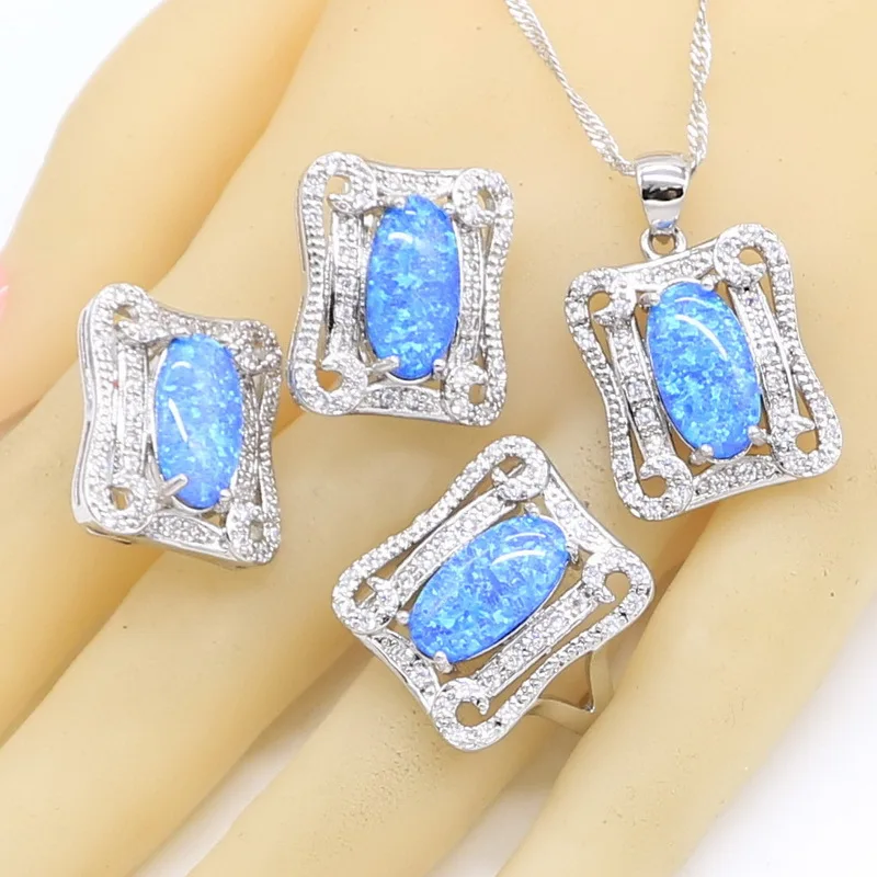Blue Opal Jewelry Sets For Women Wedding Necklace Pendant Hoop Earrings ... - £26.73 GBP