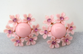 Pink Vintage Plastic Flower Earrings Rhinestones Screw Back  1&quot; Diameter Cute! - £7.96 GBP