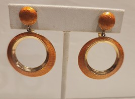 CROWN TRIFARI Clip Earrings Hippie Orange Enamel Brushed Gold Tone Dangle Hoop - $34.95