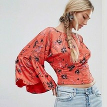 Free People Size S Top Last Time Orange Crop Surplice Long Bell Sleeve Women’s - £20.19 GBP