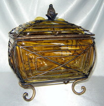 Vintage Caged AMBER GLASS Footed Bubble Compote Box w/ Lid, Mid Century ... - $24.40
