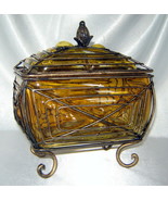 Vintage Caged AMBER GLASS Footed Bubble Compote Box w/ Lid, Mid Century ... - £19.50 GBP