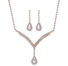 Pear Cut Crystal 2 Piece Halo Drop Earrings Necklace Set Rose Gold - £79.91 GBP