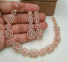 Rose Gold Plated Bollywood Style Indian Choker Delicate Necklace CZ Jewelry Set - £53.14 GBP