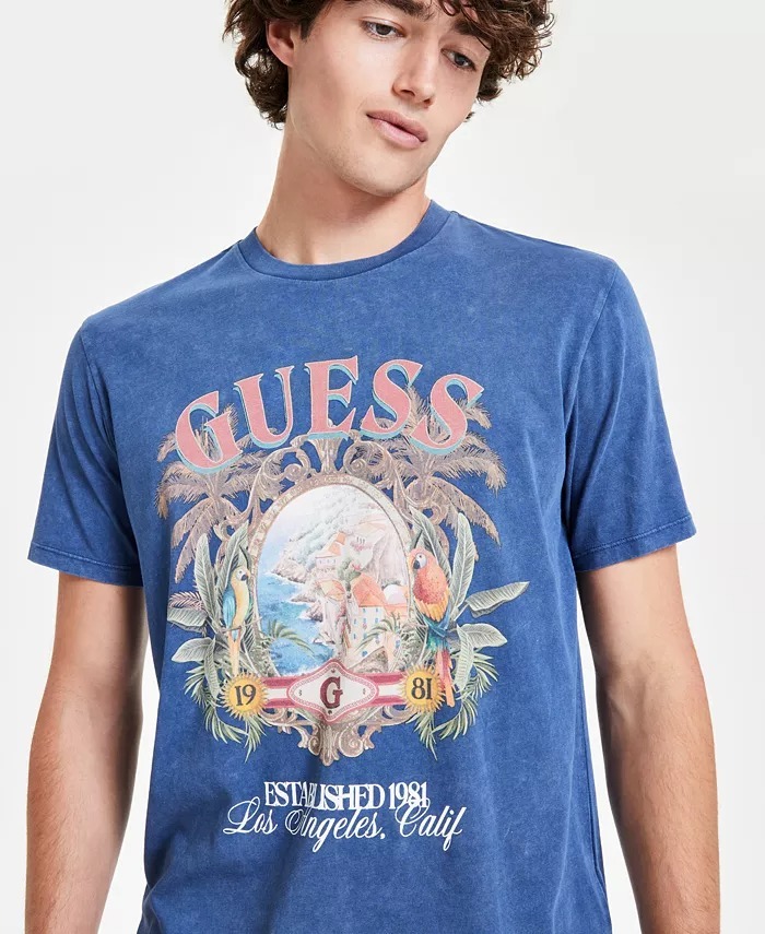 Guess Logo Graphic T-Shirt Men's 2XL Pennant Blue Multi Tropical Resort Cotton Item image 5