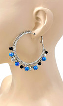 2.5&quot; Drop Everyday Casual Statement Hoop Earring, Blue Glass, Faux Pearl  - $13.78