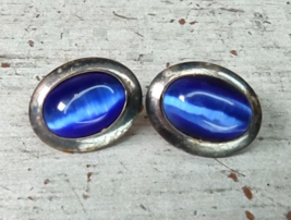 Vintage Sterling Silver Oval Cabochon Blue Glass Stone Oval Earrings Pos... - $18.53