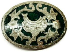 Green Enamel Saddle Flower Design Details Silver Tone Oval Vintage Belt ... - £77.77 GBP