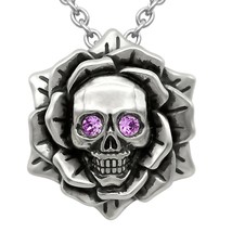 Skull Rose June Light Purple Birthstone Necklace With Cz Crystal 17&quot;-19&quot; Chain - £57.99 GBP