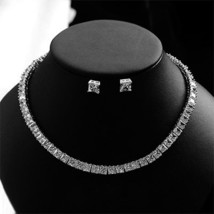 Women Square Crystal Bridal Jewelry Sets Stud Earrings Necklace Jewelry  Wedding - £39.53 GBP