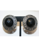 Vintage Les Bernard Silver Tone Metal Round Clip Earrings Black Stone 16-A - $39.59