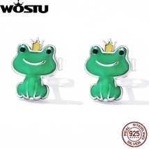 WOSTU Solid 925 Silver Small Stud Earrings For Women Cute Green Frog Ear Studs s - £17.46 GBP