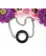 Vintage Big BLACK ENAMEL CIRCLE PENDANT 3 Strand NECKLACE Silvertone Cha... - $19.79