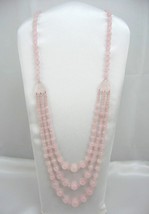 Handcraf Gemstone Rose Quartz Lovely Pink Multi Stands 3 Layers Necklace 27&quot; 32&quot; - £30.27 GBP