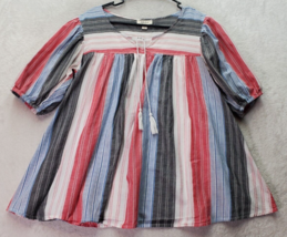 Style&amp;Co. Blouse Top Womens Small Multi Striped Boho Pleated V Neck Drawstring - £14.56 GBP
