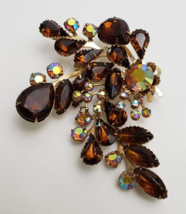 Vintage Aurora Borealis Rhinestone Brooch Pin Brown Crystal Iridescent 3.5&quot; - £39.07 GBP