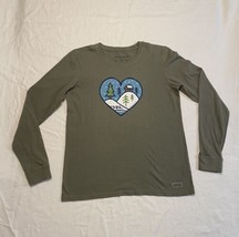 Life is Good Womens Crusher Tee Long Sleeve Olive Green Heart Snow Mount... - $13.55
