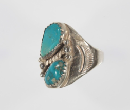 Sterling Silver Navajo Two-Stone Turquoise Ring Size 7.50 Signed AG - £78.59 GBP