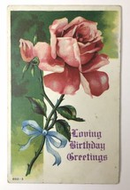 Loving Birthday Greetings Antique PC 602-5 Long Stemmed Rose Blue Bow Em... - $6.00