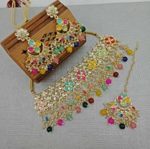 High Quality Kundan Earrings Necklace Choker Gold Plated Ethnic Jewelry Set 02 - £24.25 GBP