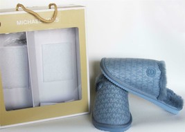 MICKAEL KORS Logo Jacquard Janis Blue Faux Fur Padded Slip-On Slippers W... - $79.99