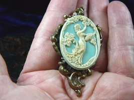 cm42-7) Eve Tree WOMAN grape vines blue oval scrolled brass pin Pendant brooch - £27.32 GBP