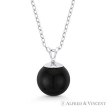 Jet-Black Onyx Agate Ball Solitaire Pendant &amp; Chain Necklace in 14k White Gold - £27.33 GBP+