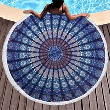 Indian Cotton Bohemian Wall Hanging Tapestry Blue Round Small Tassel 72 Inches - £15.27 GBP