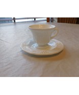 No Makers Mark Tea Cup &amp; Saucer Set White Grape Vine Embossed Milk Glass... - £13.46 GBP