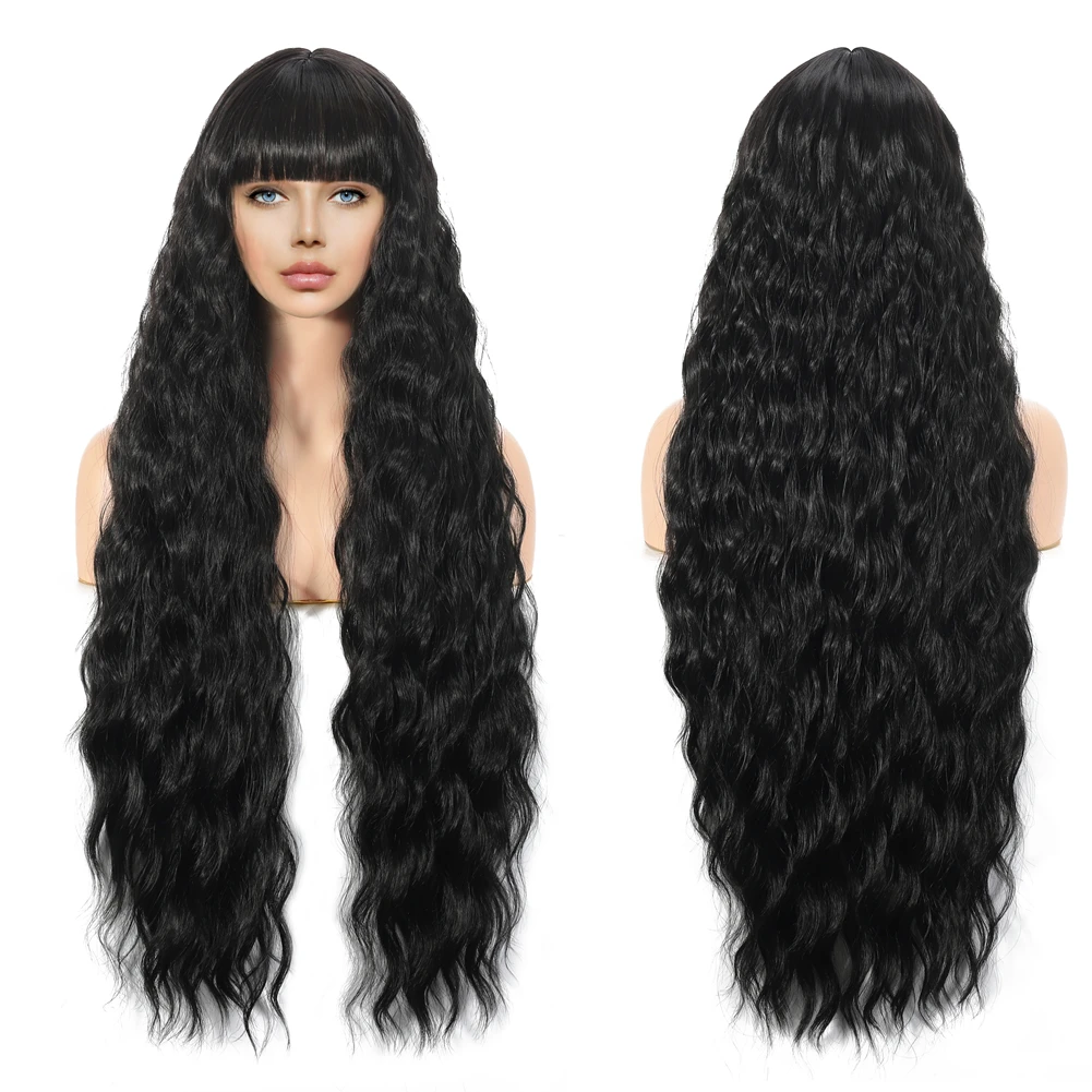 Black Body Wavy Synthetic Wigs with Bang for Women Wine Red Long Straight Ha - £19.07 GBP