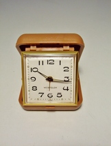 Vintage Westclox Travel Alarm Clock Wind Up Tan Folding Case - £7.98 GBP