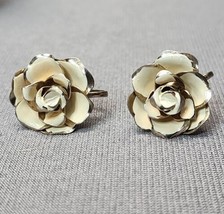 Vintage Coro Gold-tone Cream Enamel Rose Flowers Screw Back Stud Earrings Signed - £14.00 GBP