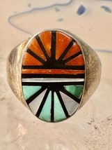 Turquoise Ring Zuni coral inlay mother of pearl boho size 10.7 sterling silver w - £144.12 GBP