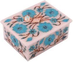 4&quot;x3&quot;x2&quot; White Jewelry Storage Box Turquoise Inlay Floras Design Veterans Gift - $222.17