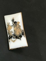 Vintage Small White w Black &amp; Gilt Painted Victorian Woman Ceramic Rectangle Pin - £9.57 GBP