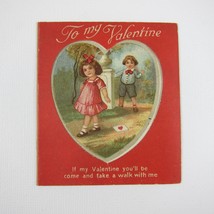 Vintage Valentine Boy Girl Pink Dress Walking By Red Heart Die Cut Windo... - £6.28 GBP