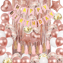 Rose Gold Birthday Party Decorations Kit, Confetti Foil Rose Gold Balloons Happy - £17.82 GBP