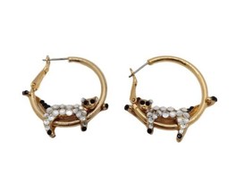 Swinging Articulated Sleeping Cat Gold Tone Hoop Earrings Multicolor Rhinestones - £13.62 GBP
