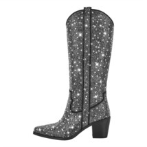 Woman Rhinestone Knee High Boots Western Cowboy Boots Bling Shiny Pointed Toe Bl - £126.92 GBP