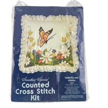 Candamar Counted Cross Stitch Pillow Butterfly and Daisies 14x14&quot; Vintag... - £15.11 GBP