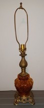 MCM Amber Glass Globe &amp; Solid Brass Hollywood Regency Table Lamp Vintage - £99.79 GBP