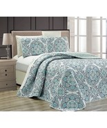 Navy Blue White Teal Aqua Taupe 3 Pc. Reversible Oversized Bedspread Set - $863.52 MXN