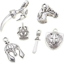 6 Medieval Pendants Antique Silver Tone Warrior Charms Mixed Lot Assorted  - $4.99