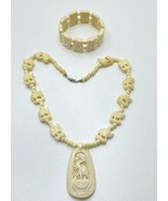 Vintage Hand Carved cream-colored Elephant Necklace &amp; Rose Panel Bracele... - $111.07 CAD