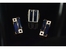 925 STERLING SILVER BLUE ALPANITE SET ( RING + EARRINGS ) - £92.47 GBP