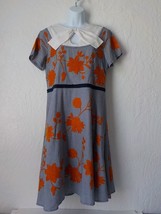 eShakti Floral Houndstooth Fit Flare Dress Bow White Blue Orange Size Fits Large - £19.42 GBP