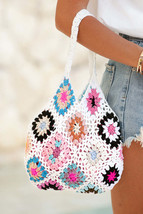 White Boho Floral Crochet Retro Hollowed Tote Bag - $29.37